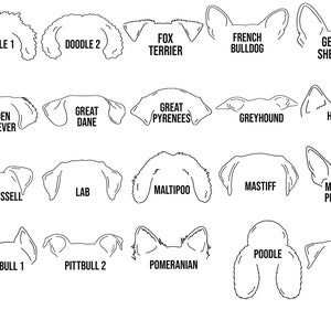 May include: Black and white line art illustrations of different dog breeds, including a Golden Retriever, Great Dane, Jack Russell, Labrador, and more. Each breed is labelled with its name.