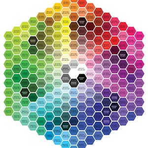 May include: A color palette chart featuring a grid of hexagonal cells, each filled with a unique color and corresponding hexadecimal code. The design showcases a wide spectrum of hues, from vibrant reds and yellows to cool blues and greens.