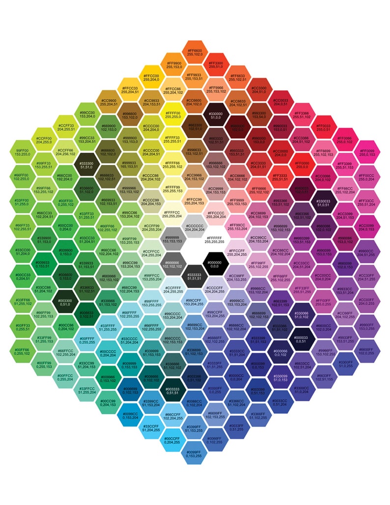 May include: A color palette chart featuring a grid of hexagonal cells, each filled with a unique color and corresponding hexadecimal code. The design showcases a wide spectrum of hues, from vibrant reds and yellows to cool blues and greens.