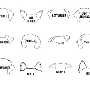 May include: Line art illustrations of different dog breeds, including a Puggle, Rat Terrier, Rottweiler, Saint Bernard, Schnauzer, Shih Tzu, Staffy, Vizsla, Weimaraner, Westie, Whippet, and Yorkie.