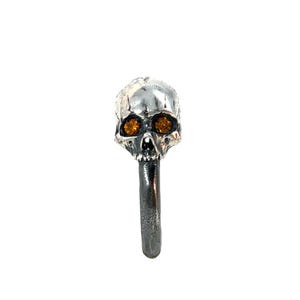Double Skull Dome Ring in Solid Sterling Silver with Ruby & Topaz Eyes, Size 7.5
