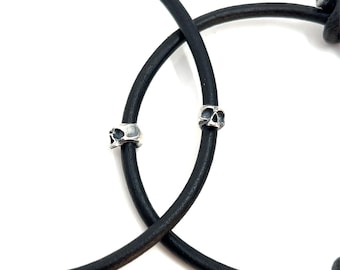 Skully Leather Cord Skull Bracelet in Solid Sterling Silver or 14k Gold
