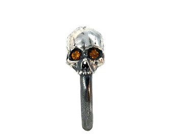 Double Skull Dome Ring in Solid Sterling Silver with Ruby & Topaz Eyes, Size 7.5