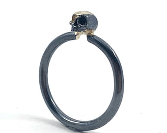 Skully Ring in Solid Sterling Silver with 14k Gold #1 (Size 11) One Of A Kind