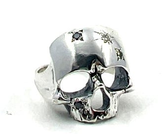The Skull Ring in Solid Sterling Silver with 4 Moissanite, size 7