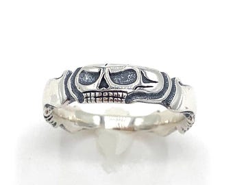 Bague de deuil Tête de mort en argent sterling massif ou or 14 carats - Bijoux Memento Mori