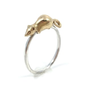 Drehbarer Rattenring aus massivem 14-karätigem Gold mit Sterlingsilberband