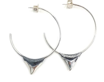 Shark Tooth Hoop Earrings in Solid Sterling Silver or 14k Gold