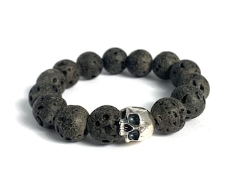 Skull and Lava Bead Bracelet in Solid Sterling Silver or 14k Gold