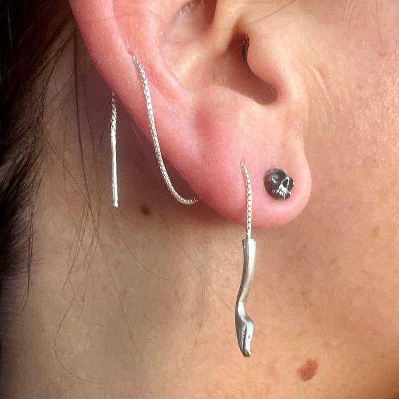 Python Threader Earring in Solid Sterling Silver or 14k Gold - Snake Serpent Jewelry image 4