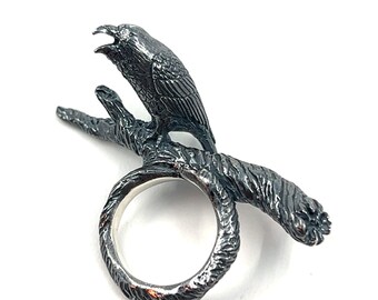 Raven on a Branch Ring in Solid Sterling Silver with Moissanite Eyes, Size 9 OOAK