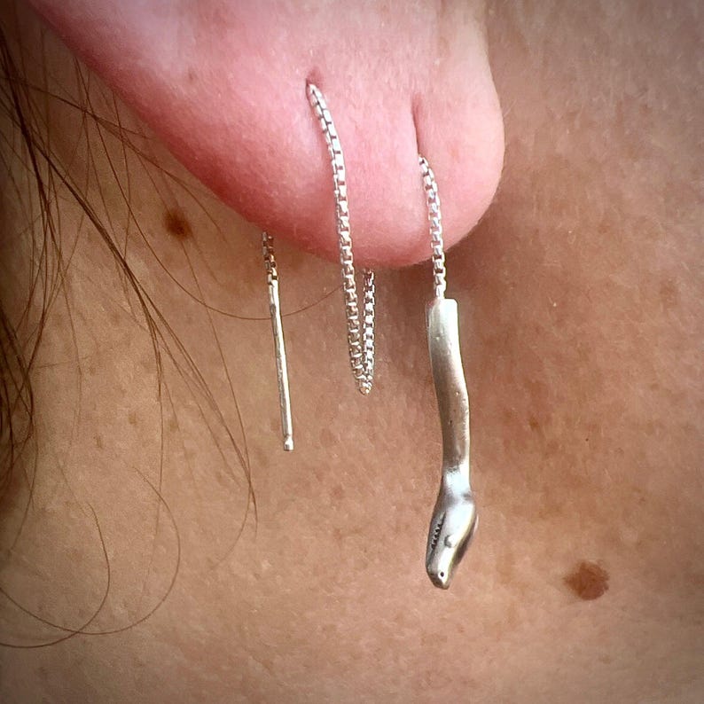 Python Threader Earring in Solid Sterling Silver or 14k Gold - Snake Serpent Jewelry image 2
