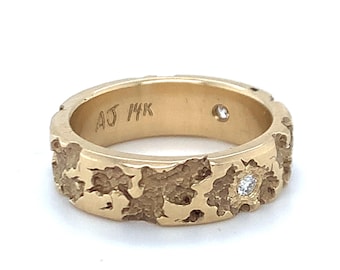 Solid 14k Yellow Gold Decay Ring with Diamonds, Size 6 - Wedding Band Jewelry