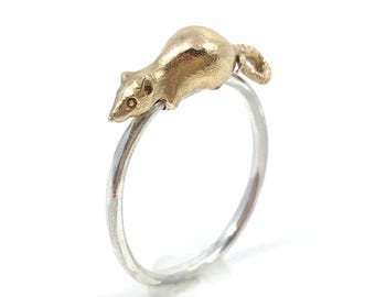 Spinning Rat Ring in Solid 14k Gold with Sterling Silver Band