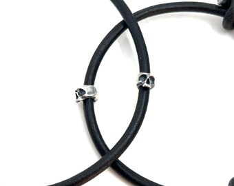 Skully Leather Cord Skull Bracelet in Solid Sterling Silver or 14k Gold