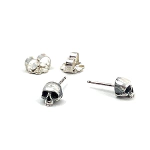 Skully Stud Earrings in Solid Sterling Silver or 14k Gold, Memento Mori Jewelry