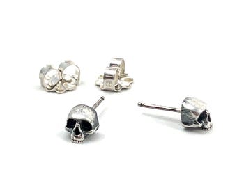 Skully Stud Earrings in Solid Sterling Silver or 14k Gold, Memento Mori Jewelry