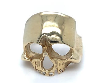 Solid 14k Gold (The) Skull Ring with Diamond teeth, Size 8