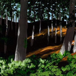 May include: A painting of a forest scene with tall trees and a dark green undergrowth. The trees are painted in shades of gray and white, with hints of brown and orange in the background. The painting has a textured, brushstroke effect.