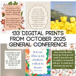 Peut inclure: Une collection de 133 impressions numériques de la Conférence Générale d'octobre 2025. Les impressions présentent des citations inspirantes et des motifs floraux. Le texte comprend des phrases comme "Tournez-vous vers Lui" et "Dieu peut nous bénir."