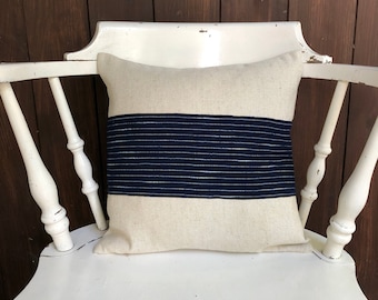 Linen pillow, ecru linen pillow cover, linen cushion, ecru and indigo pillow, ecru pillow, indigo pillow cover