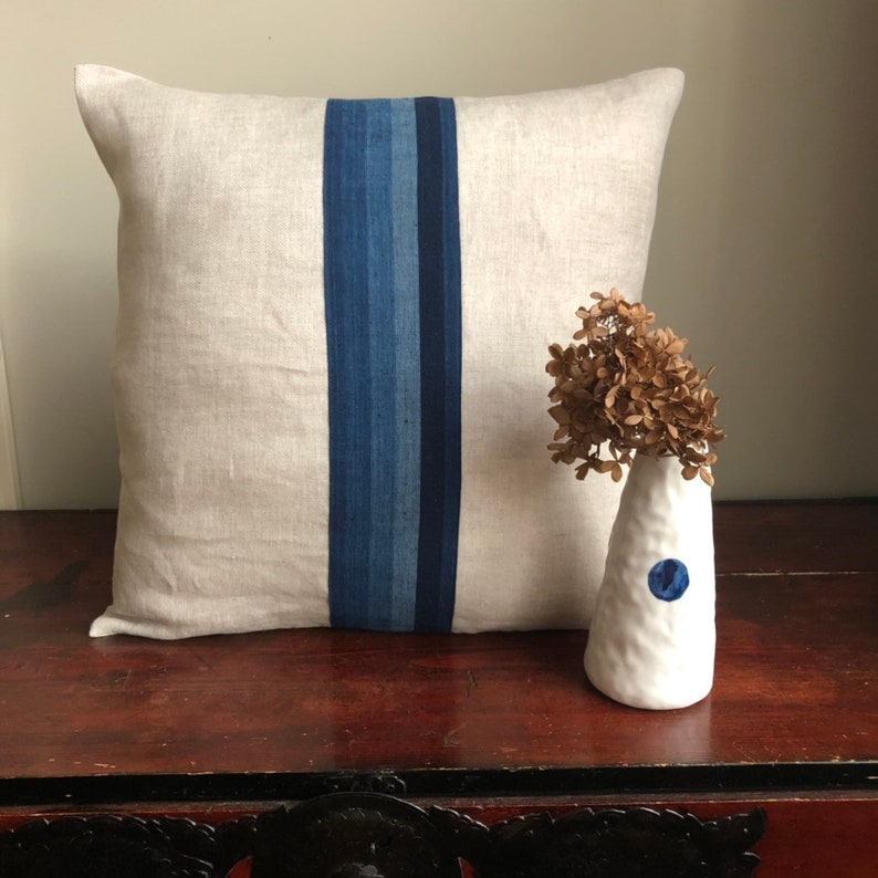 Linen pillow, kasuri pillow, linen ikat pillow, ready to ship pillow, wabisabi pillow cover,indigo pillow cover, sand linen pillow cover image 1