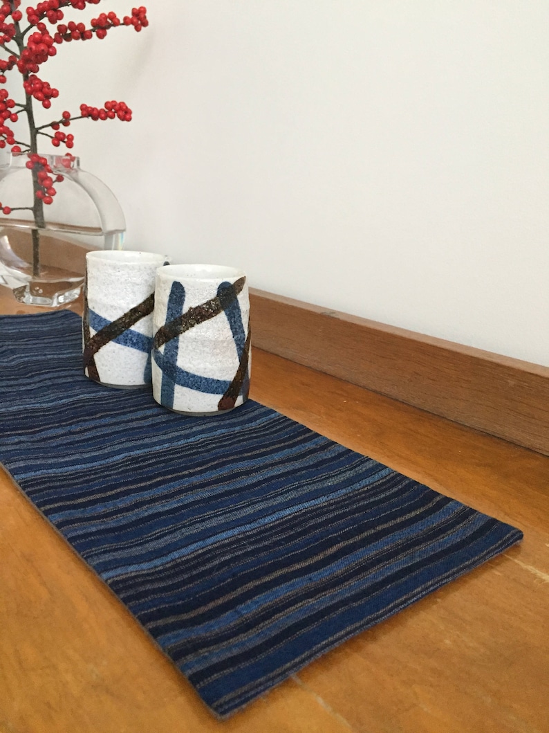 Kasuri table runner, indigo table runner, kakishibu mat, wabi sabi table runner, indigo mat, Japanese persimmon, indigo mat image 9