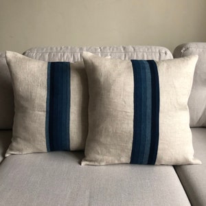 Linen pillow, kasuri pillow, linen ikat pillow, ready to ship pillow, wabisabi pillow cover,indigo pillow cover, sand linen pillow cover image 7