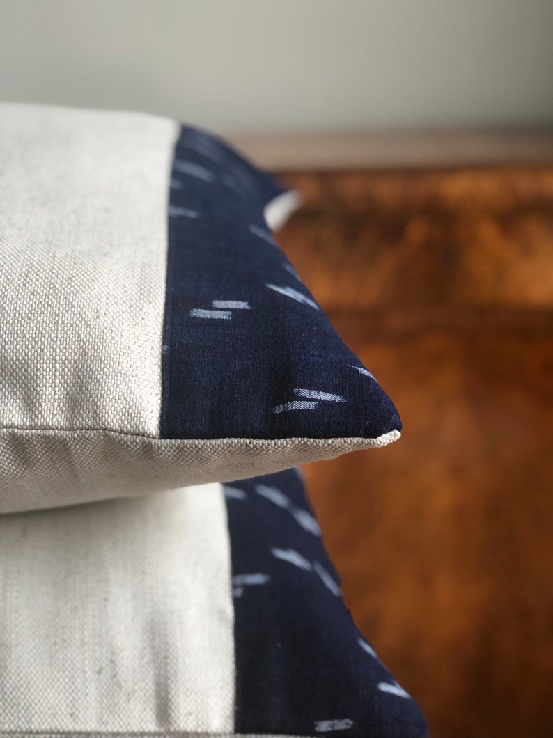 Linen pillow cover, Japanese ikat pillow, indigo throw pillow, indigo kasuri pillow, Japanese indigo pillow, ready to ship image 3