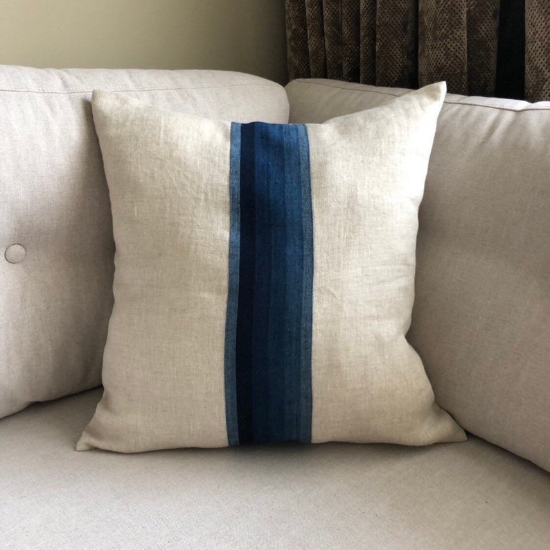 Linen pillow, kasuri pillow, linen ikat pillow, ready to ship pillow, wabisabi pillow cover,indigo pillow cover, sand linen pillow cover image 4