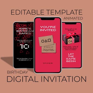 Invitación digital editable para cena de cumpleaños con temática de juegos, plantilla personalizable y descarga digital instantánea.