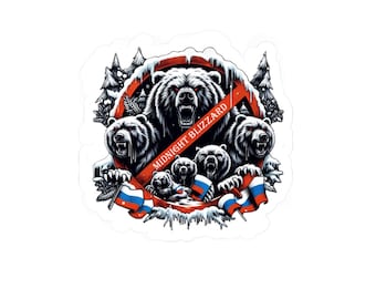 May include: A red circle with a diagonal line through it, symbolizing a warning or prohibition. Inside the circle are five bears with angry expressions, surrounded by snow and pine trees. The text "MIDNIGHT BLIZZARD" is written in white letters on a red background, wrapping around the circle. The bears are holding flags with the colors of the Russian flag.