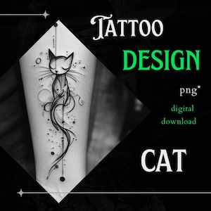 Könnte beinhalten: Schwarzweiß-Digitaler Download eines Tattoo-Designs mit einer stilisierten Katze mit einem langen, fließenden Schwanz. Das Design ist auf einem schwarzen Hintergrund mit dem Text "TATTOO DESIGN" und "CAT" in Grün.