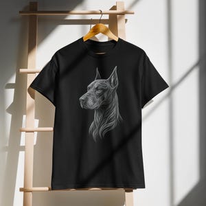 Doberman T-Shirt – Black DryBlend Tee with Fractal Spiritual Dog Art – Handmade Acrylic Doberman Design – Dog Lover Gift
