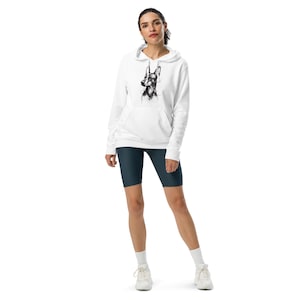 White Adidas Fleece Hoodie – Doberman Dog Art Print | Unisex Athletic Pullover | Spiritual Fractalius Doberman Pattern | Streetwear Dog Love