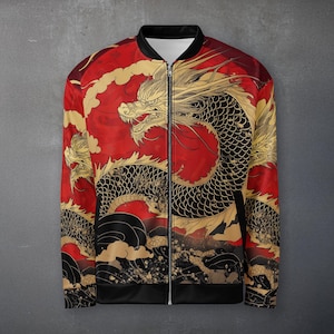 Chinese Dragon Bomber Jacket | Gold Dragon Jacket | Red & Gold Luxury Bomber | Asian-Inspired Streetwear | Embroidered Dragon Jacket