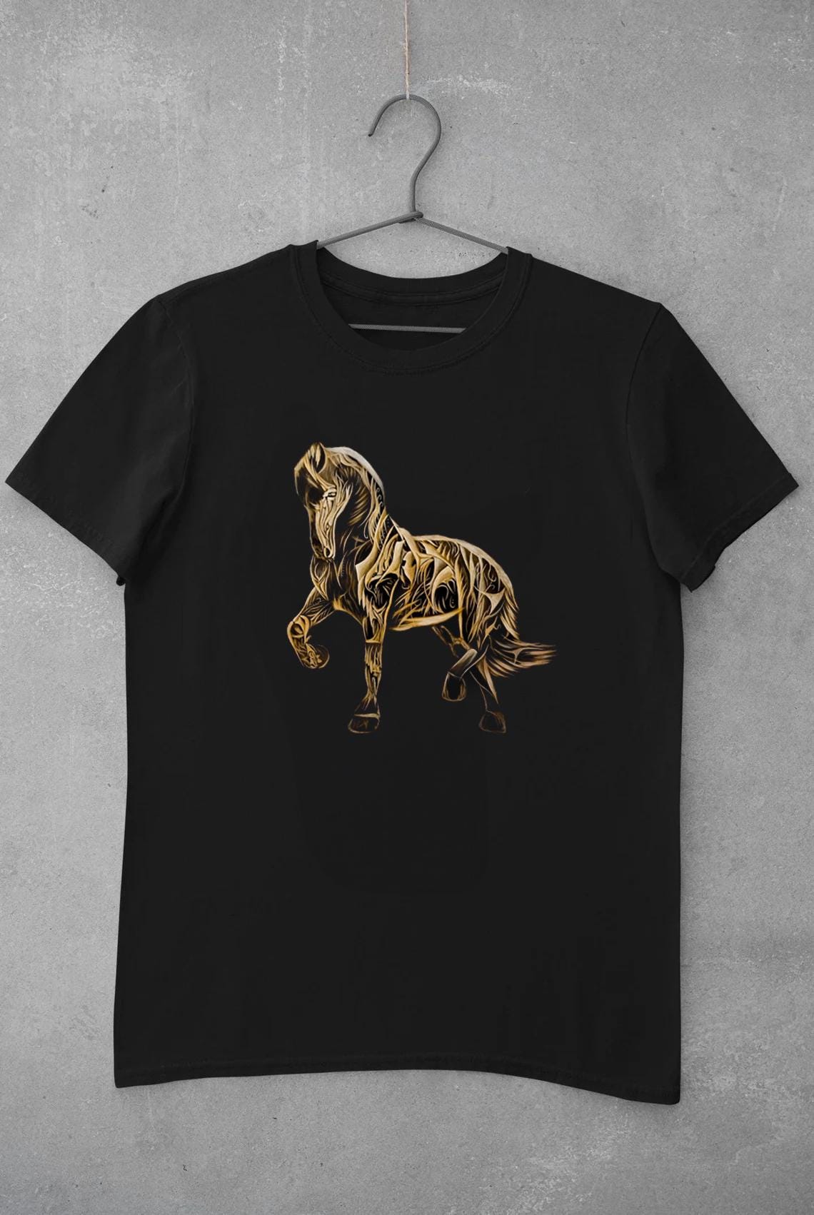 Golden Mustang Horse Fractal Art T-shirt, Mechanical Style Horse