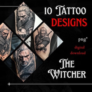 May include: Ten digital tattoo designs featuring black and white illustrations of Geralt of Rivia from The Witcher video game series. The designs are in PNG format and are available for digital download.