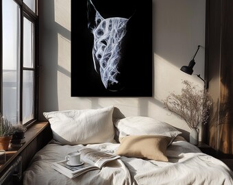 Canvasprint van een Bull Terrier: handgemaakte reproductie van een acrylschilderij, moderne decoratie voor huisdieren.