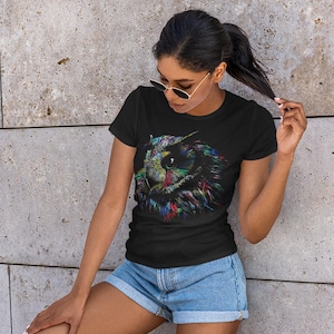 Colorful Owl T-Shirt - Vibrant Acrylic Owl Art - Black Cotton Tee