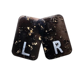 Puede incluir: Dos objetos rectangulares negros con esquinas redondeadas, decorados con copos de pan de oro. La letra "L" está en uno, y la letra "R" en el otro, ambas en plata. Objetos decorativos o funcionales.