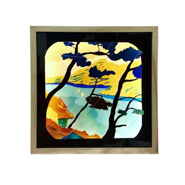 Applique lumineuse murale vitrail en art polarisant - Dans les calanques