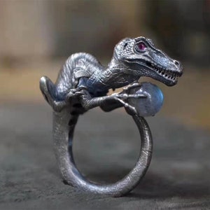 Dinosaur ring, Unisex Vintage Sterling Silver Dragon Carved surface Adjustable Ring Opening Ring For Men, funny Personalized Animal Jewelrys