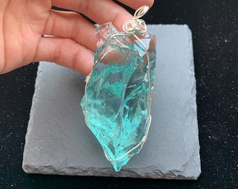 Hand made Teal Andara Crystal necklace Metal winding Gorgeous Elysium blue, Natural Merlin green andara crystal Pendant Metaphysical