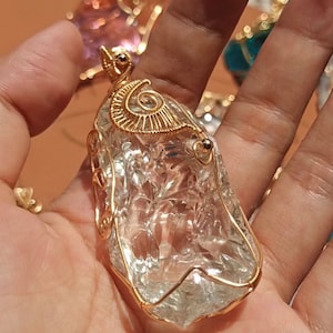 Handmade milky white Andara Crystal necklace Golden Metal winding Gorgeous, Natural Transparent white andara crystal Pendant Metaphysical