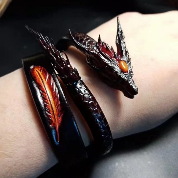 Bracelet dragon, bracelet homme dragons sculpté à la main, bracelet gothique, bracelet homme, bracelet dinosaure, bracelet amulette dragon, cadeau pour homme