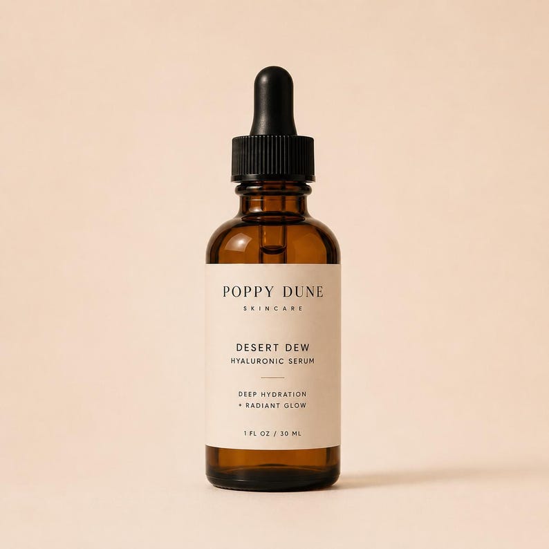 May include: A brown glass bottle of Poppy Dune Desert Dew Hyaluronic Serum with a black dropper. The label reads "Deep Hydration + Radiant Glow" and contains 30 ml.