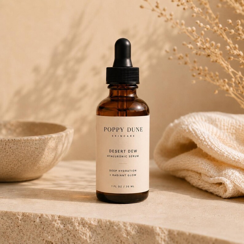 May include: A brown glass bottle of Poppy Dune Skincare Desert Dew Hyaluronic Serum with a black dropper. The label reads "Deep Hydration + Radiant Glow". The bottle is 30 ml.