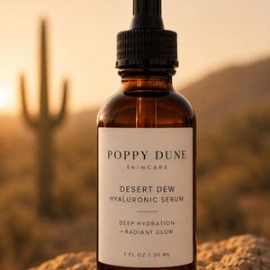 May include: A brown glass bottle of Poppy Dune Desert Dew Hyaluronic Serum with a black dropper. The label reads "Deep Hydration + Radiant Glow" and "1 FL OZ / 30 ML". The background features a desert landscape with a cactus.