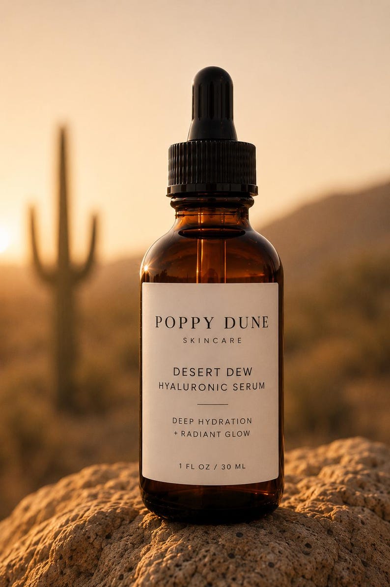 May include: A brown glass bottle of Poppy Dune Desert Dew Hyaluronic Serum with a black dropper. The label reads "Deep Hydration + Radiant Glow" and "1 FL OZ / 30 ML". The background features a desert landscape with a cactus.